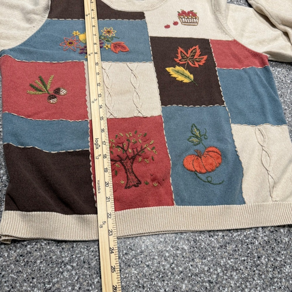 Alfred Dunner Y2K VTG Fall Patchwork Embroidered Sweater Women Tan Blue Large - Picture 10 of 11